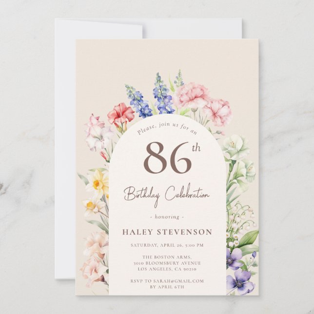 Floral Garden Arch Whimsical Beige 86th Birthday Invitation (Front)