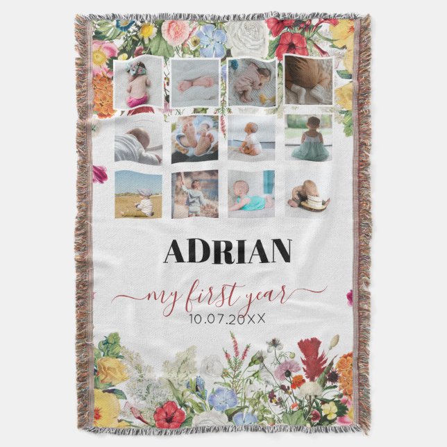 Floral Garden Baby First Year Photo Collage Throw Blanket (Front Vertical)