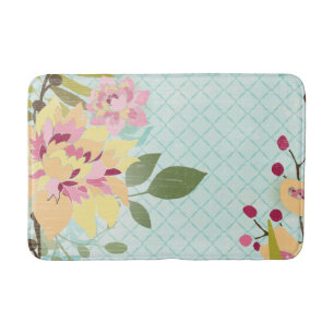 Floral Garden, Blue Background Bath Mat