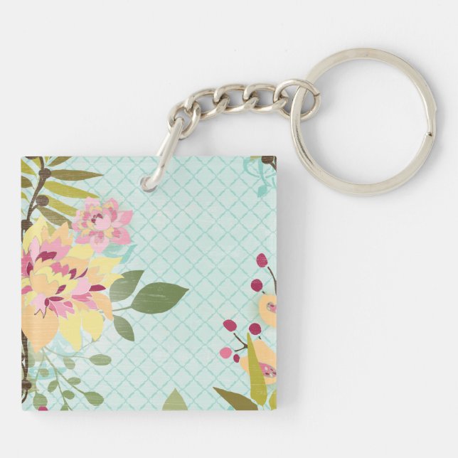 Floral Garden, Blue Background Key Ring (Back)