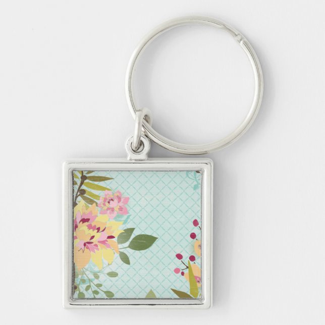Floral Garden, Blue Background Key Ring (Front)