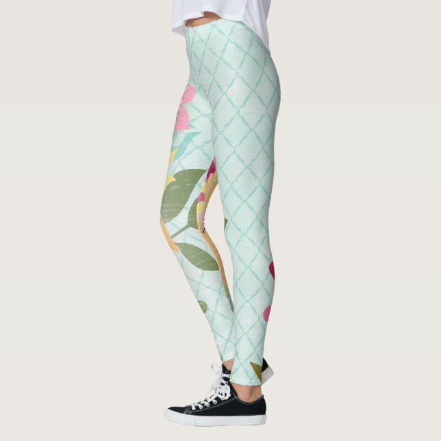 Floral Garden, Blue Background Leggings (Left)