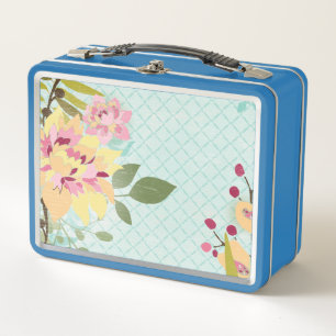 Floral Garden, Blue Background Metal Lunch Box