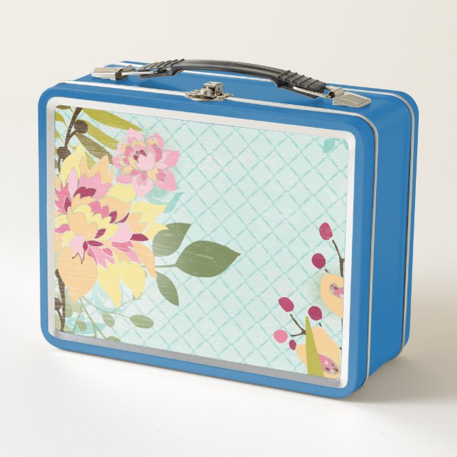 Floral Garden, Blue Background Metal Lunch Box (Front)