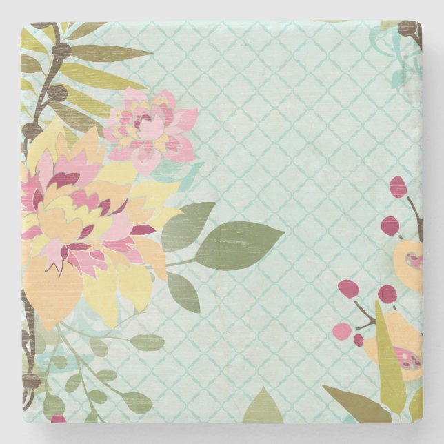 Floral Garden, Blue Background Stone Coaster (Front)