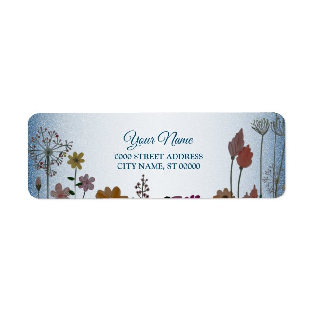 Floral Garden Blue Glitter Wedding Return Address (Front)