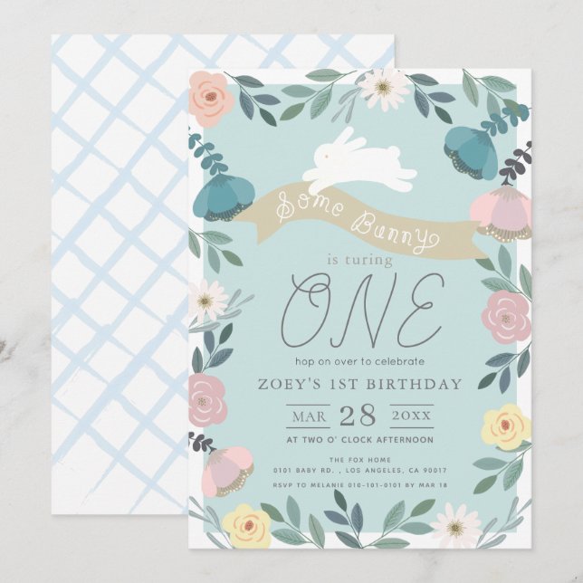 Floral Garden Blue White Bunny Girl 1st Birthday Invitation (Front/Back)