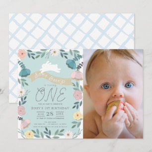 Floral Garden Blue White Bunny Photo 1st Birthday Invitation