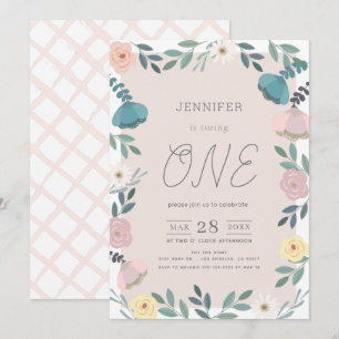 Floral Garden Blush Pink GIrl 1st Birthday Invitation