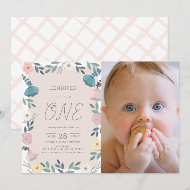 Floral Garden Blush Pink GIrl Photo 1st Birthday Invitation (Front/Back)