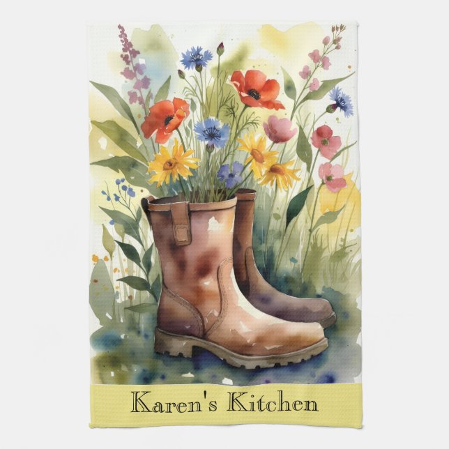 Floral Garden Boots and Wildflowers Kitchen Towel (Vertical)