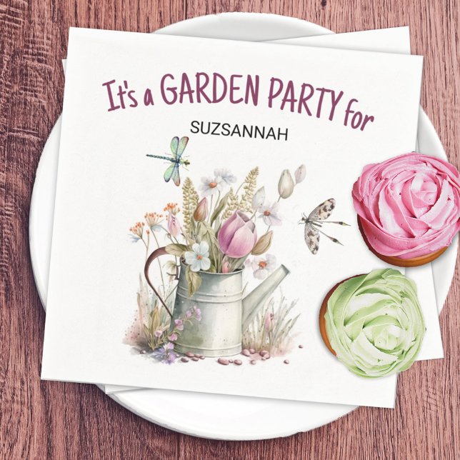 Floral Garden Butterflies Dragonflies Watercolor  Napkin (Personalize or remove the text on this fun summer vibe watering can and dragonfly napkin design.)
