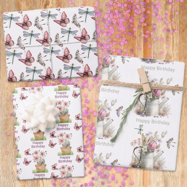 Floral Garden Butterflies Dragonflies Watercolor  Wrapping Paper Sheet (This three sheet gift wrap offers a floral, butterfly and dragonfly design for any occasion.)