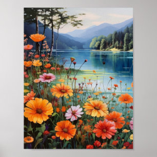 Floral Garden By a Lake Spring Day  Poster