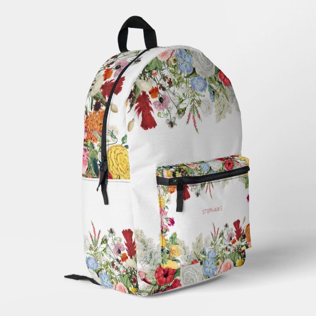 Floral Garden Colourful Flowers Custom Name Printed Backpack (Back Corner Left)