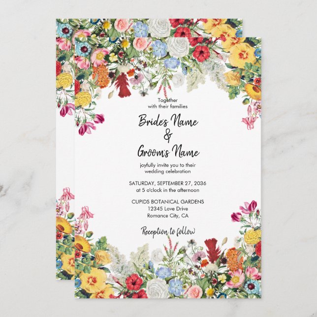 Floral Garden Colourful Flowers Wedding Invitation (Front/Back)