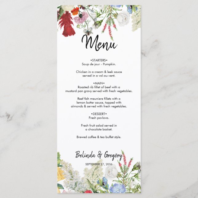 Floral Garden Colourful Flowers Wedding  Menu (Front)