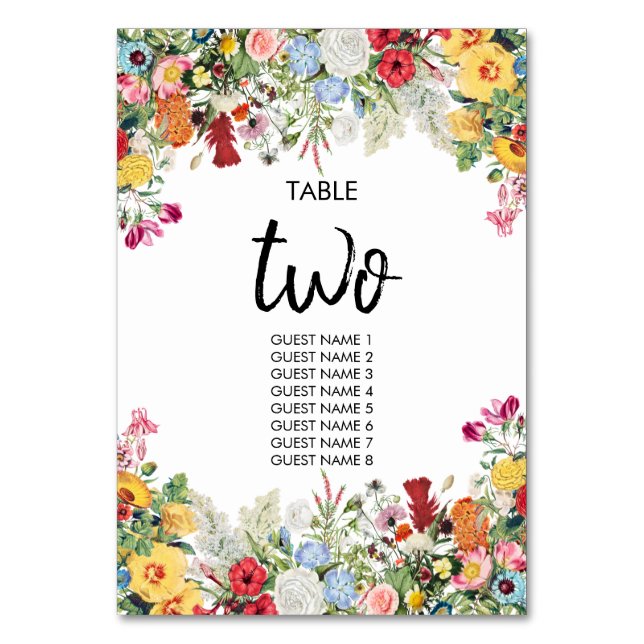 Floral Garden Colourful Flowers Wedding  Table Number (Front)