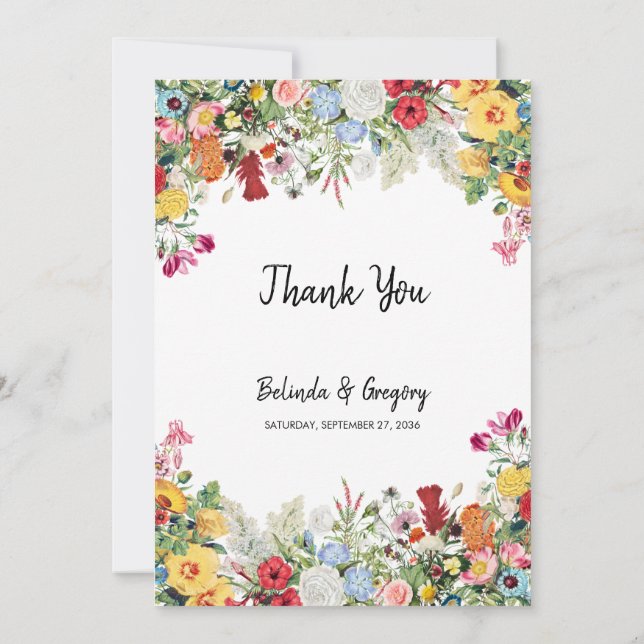 Floral Garden Colourful Flowers Wedding Thank You Card (Back)