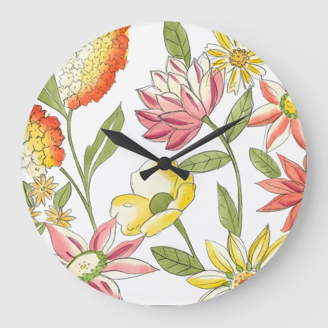 Floral Garden Design with White Background Large Clock (Front)