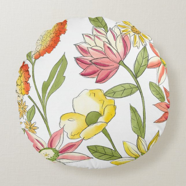 Floral Garden Design with White Background Round Cushion (Front)