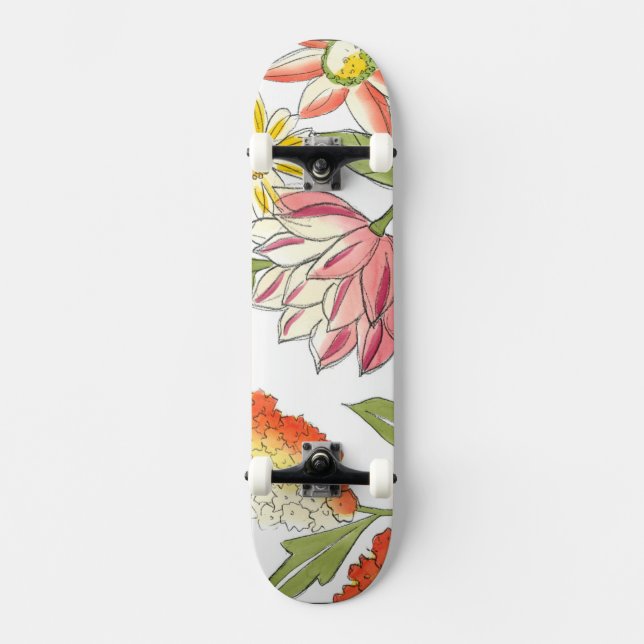 Floral Garden Design with White Background Skateboard (Front)
