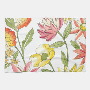 Floral Garden Design with White Background Tea Towel