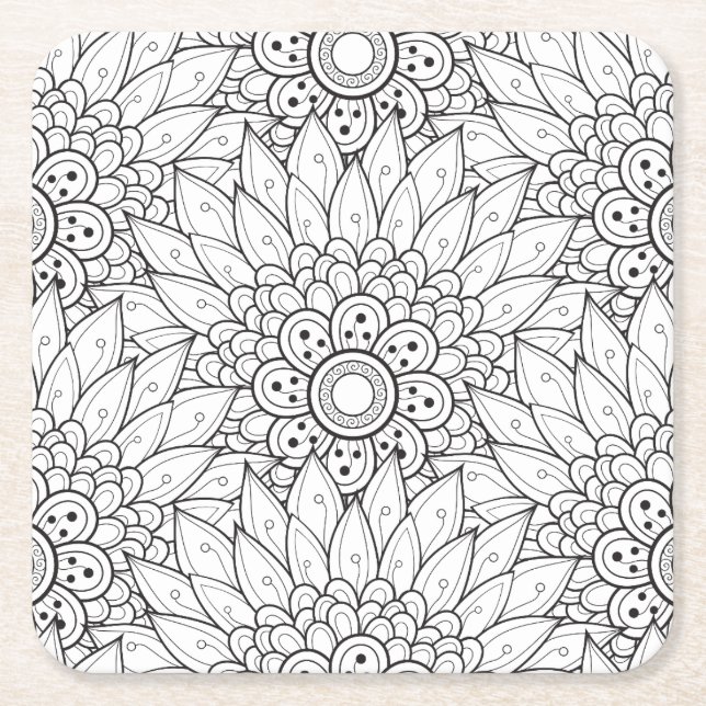 Floral Garden Doodle Square Paper Coaster (Front)
