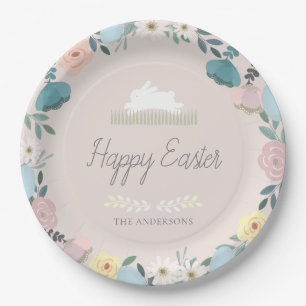 Floral Garden Easter Bunny Eggs Pink Paper Plate