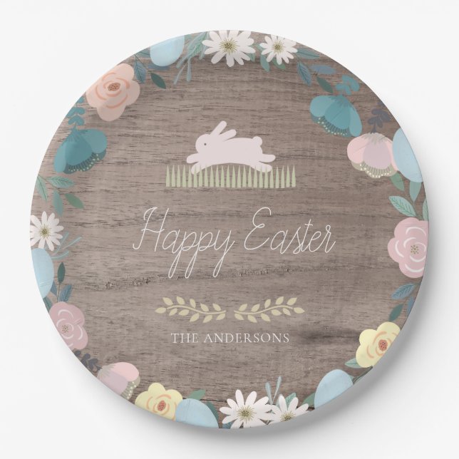 Floral Garden Easter Bunny Eggs Rustic Wood Paper Plate (Front)