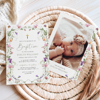 Floral Garden Girl Baptism and Christening Photo Invitation