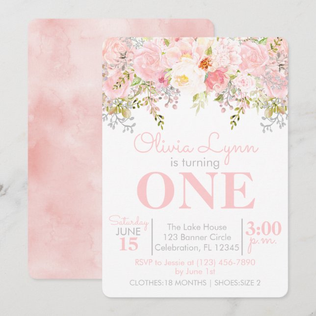 Floral Garden Girl First Birthday Invitation (Front/Back)