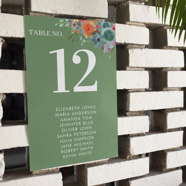 Floral Garden Green Boho Chic Wildflower Wedding Table Number (Creator Uploaded)