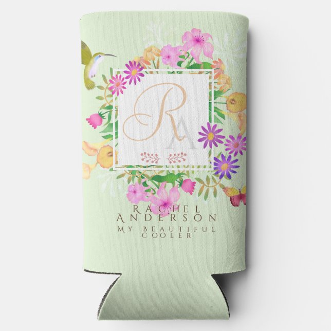 Floral Garden Green  Monogram  Seltzer Can Cooler (Back)