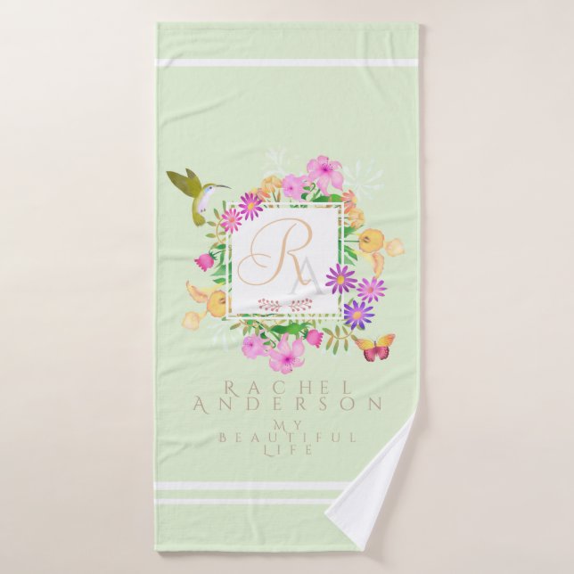 Floral Garden Green Monogram Towel (Bath Towel)