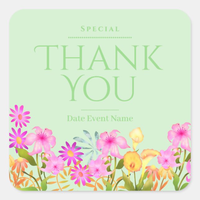 Floral Garden Green Thank You Square Sticker (Front)