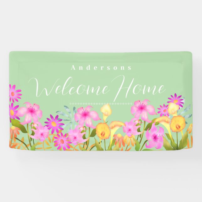Floral Garden Green Welcome Home Banner (Horizontal)