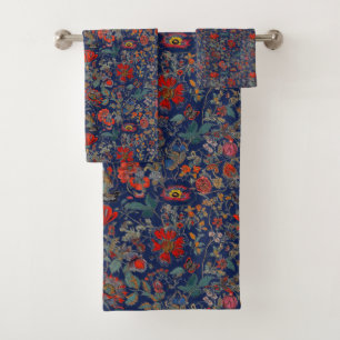 Floral Garden in Reds on Dark Blue Background Bath Towel Set