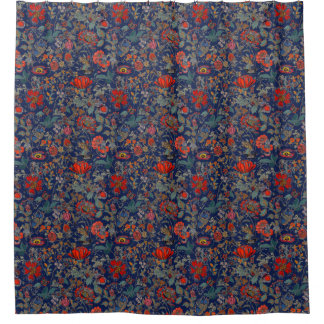 Floral Garden in Reds on Dark Blue Background Shower Curtain