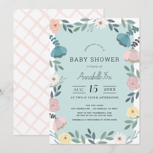 Floral Garden Light Blue Baby Shower Invitation (Front/Back)