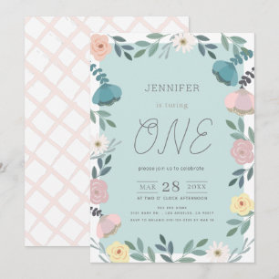 Floral Garden Light Blue GIrl 1st Birthday Invitation