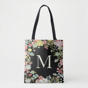 Floral Garden Monogram Black Shoulder Bag