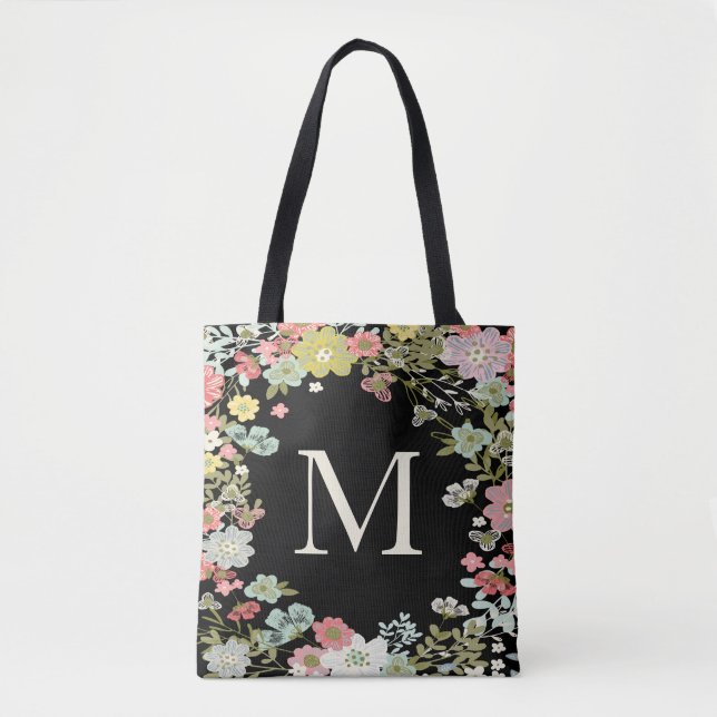 Floral Garden Monogram Black Shoulder Bag (Front)