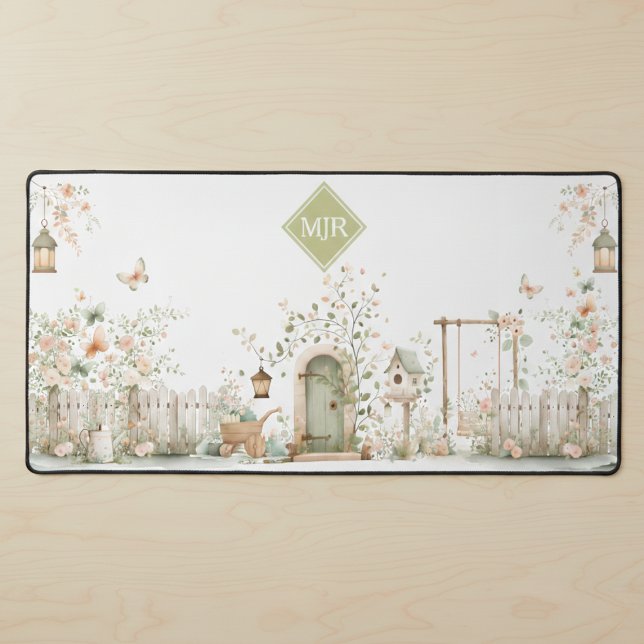 Floral Garden Monogram Desk Mat (cute sweet cottagecore floral garden desk mat with custom monogram initials)