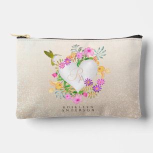 Floral Garden Monogram Heart Beige Accessory Pouch
