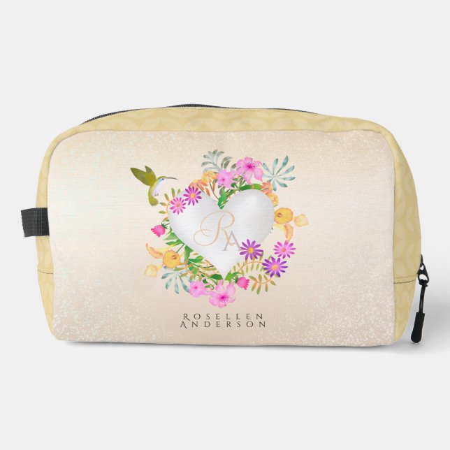 Floral Garden Monogram Heart Beige Dopp Kit (Front)