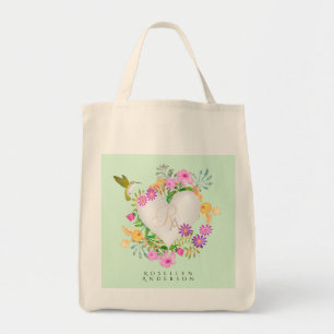 Floral Garden Monogram Heart Green Tote Bag