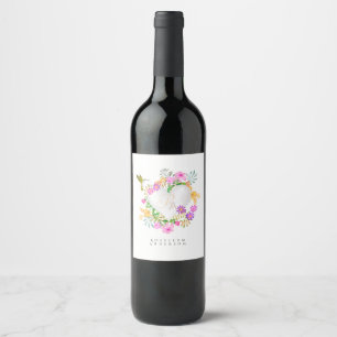 Floral Garden Monogram Heart White Wine Label