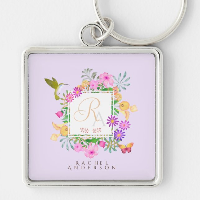 Floral Garden Monogram Pink Key Ring (Front)