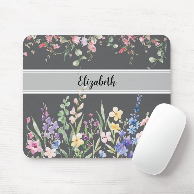 Floral Garden Monogram Script Dark Grey Mouse Mat (With Mouse)